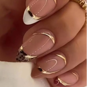 Transform Your Nails with 24pcs Long Almond French Leopard Golden Line Fake Nail & 1pc Nail File & 1sheet Tape