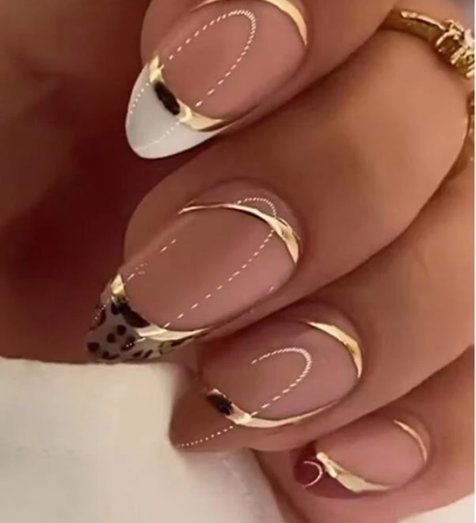 Transform Your Nails with 24pcs Long Almond French Leopard Golden Line Fake Nail & 1pc Nail File & 1sheet Tape