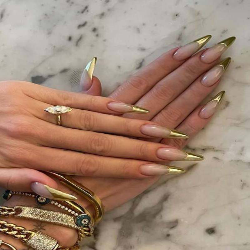 Transform Your Nails with 24pcs Long Stiletto Gold Mirror Effect French Style Fake Nail & 1pc Nail File & 1sheet Nail Tape