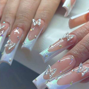 Transform Your Nails with 24pcs Long Square Aurora Butterfly Rhinestone Decor Fake Nail & 1sheet Tape & 1pc Nail File