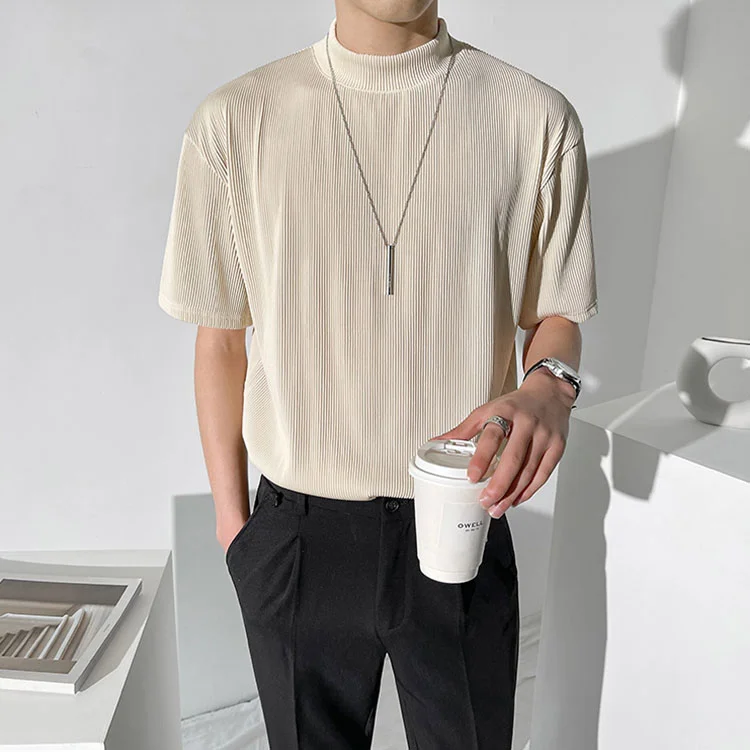 Mens summer simple fold design stand-up collar T-shirt