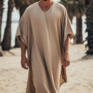 Beige Men Linen Solid Long Caftan