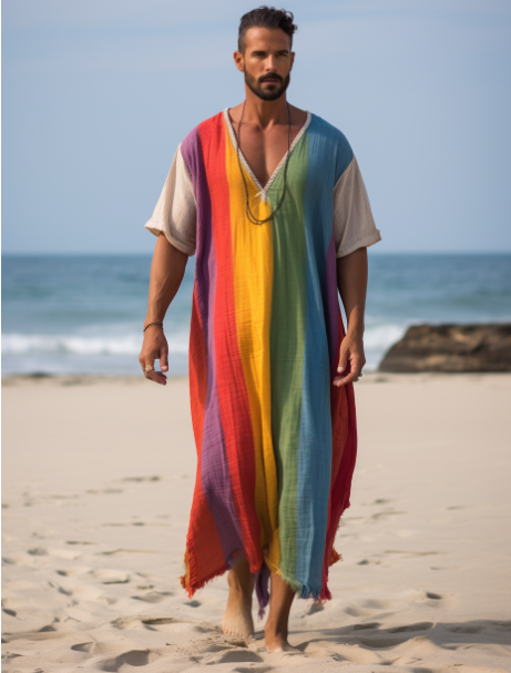Rainbow V-neck Men Long Caftan dress