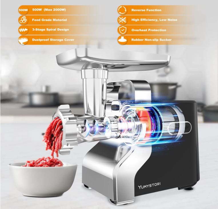 Yumystori Meat Grinder, 3000W Max 5 in 1 Meat Grinder Electric, ETL Approval Heavy Duty Meat Mince with Sausage Stuffer Tube, 3 Plates, Veggies Slicer