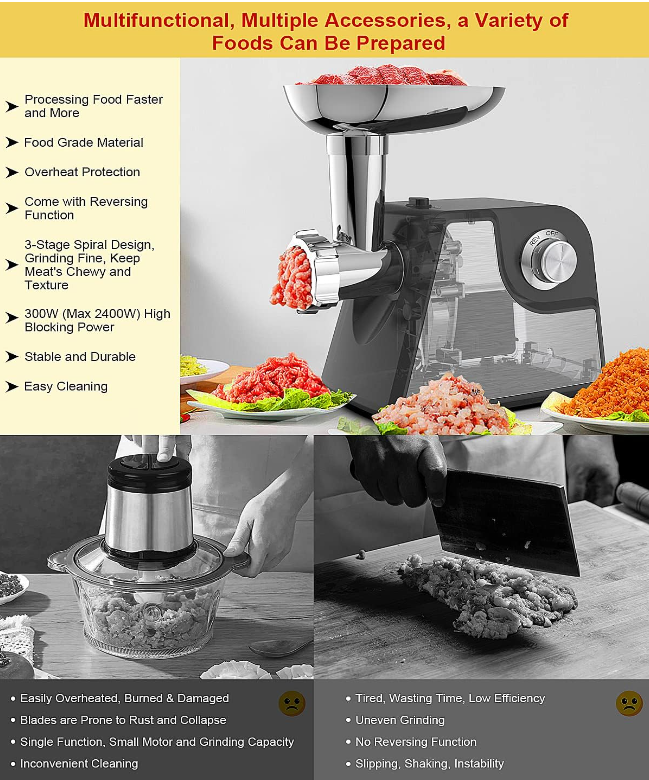 Juissiart Meat Grinder, 2500W Max Stainless Steel Meat Grinder Electric, ETL Approved Meat Mincer w/ Blade, 3 Plates, Sausage Stuffer Tube & Kubbe