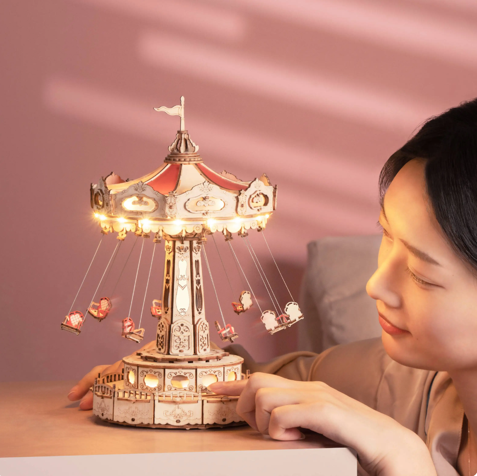 Robotime Rokr Swing Ride DIY Music Box Building Block Amusement Park Series for Kids Adults Gift Easy Assembly 3D Wooden Puzzle