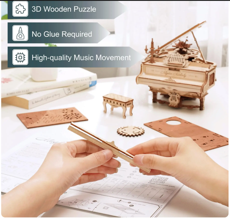 Robotime Rokr Magic Piano Mechanical Self-playing Music Box for Kids and Adults Building Block Kits Toys 3D Wooden Puzzle AMK81 3-7 day delivery | Fre