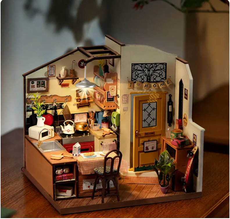 Robotime Rolife Miniature House for Kids Adult Homey Kitchen Pre-painted Dollhouse Building Blocks Set 3D Wooden Puzzle Toys