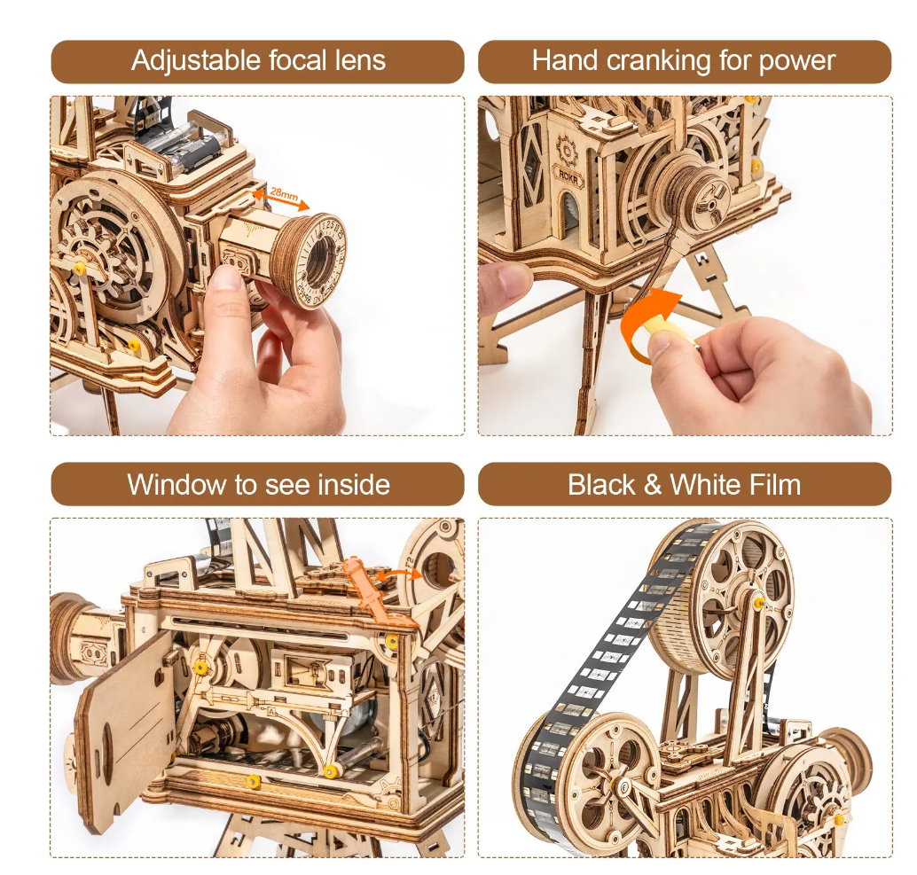 Robotime 183pcs Retro Diy 3D Hand Crank Film Projector Wooden Model Building Kits Assembly Vitascope Toy Gift for Children Adult