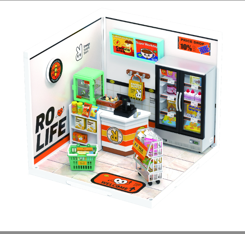 Robotime Rolife Super Creator Daily Plastic DIY Miniature House Cafe Energy Supply Store Building Block Sets English Version DW002