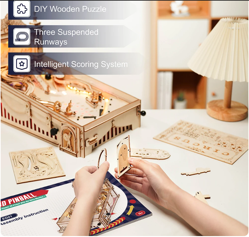 Robotime ROKR 3D Pinball for Kid Adults Family Party Machine Vintage Style Popular Game Smooth Assembly 3D Wooden Puzzles EG01