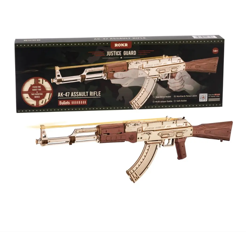 Robotime Rokr Automatic Rifle AK47 3D Wooden Gun Funny DIY Building Block Toys for Kids Adults Justice Guard Wooden PuzzleLQ901