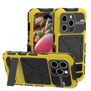 Metal+Silicone+Tempered Glass Life Waterproof Triple Defense Phone Case with Stand Yellow