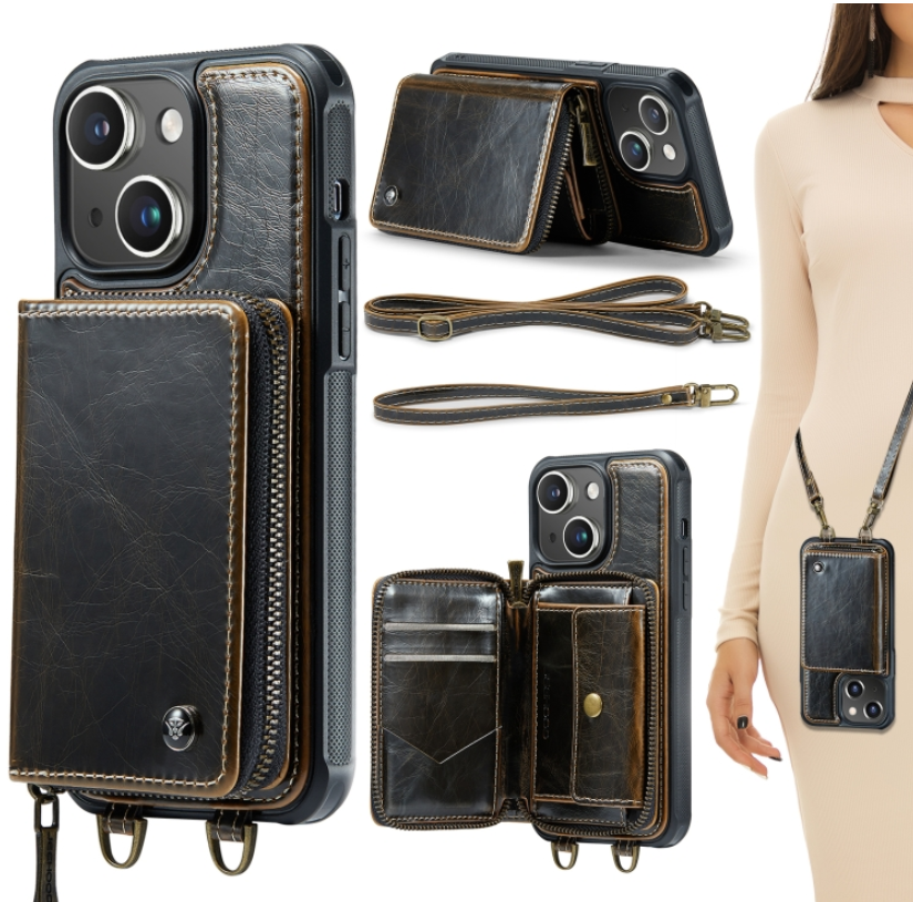 Suitable for iPhone 15 zipper wallet phone case with long and short lanyards