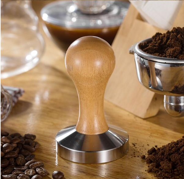 Stainless steel solid wood handle integrated coffee tamper, specification: 58 mm, color: oak handle