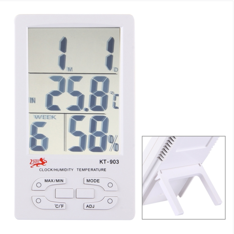 KT-903 Extra Large LCD Screen Digital Thermometer & Humidity Meter with Clock & Calendar & Alarm Function (White)