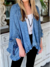 Casual Plain Ruffle Trim 3/4 Sleeve Loose Denim Cardigan