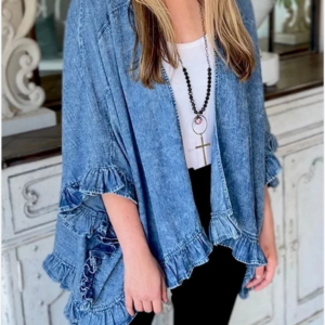 Casual Plain Ruffle Trim 3/4 Sleeve Loose Denim Cardigan