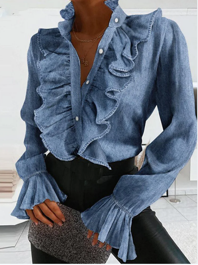 Elegant Plain Ruffled Pressed Pleated Long Flared Sleeve Shirt