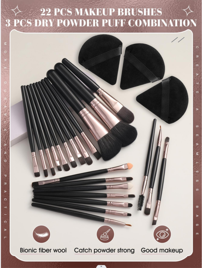 3PCS Makeup Puff+22pcs makeup brush sets Premium Synthetic hair Eyeshadow Blending brush sets cosmetics tools for face and eyes