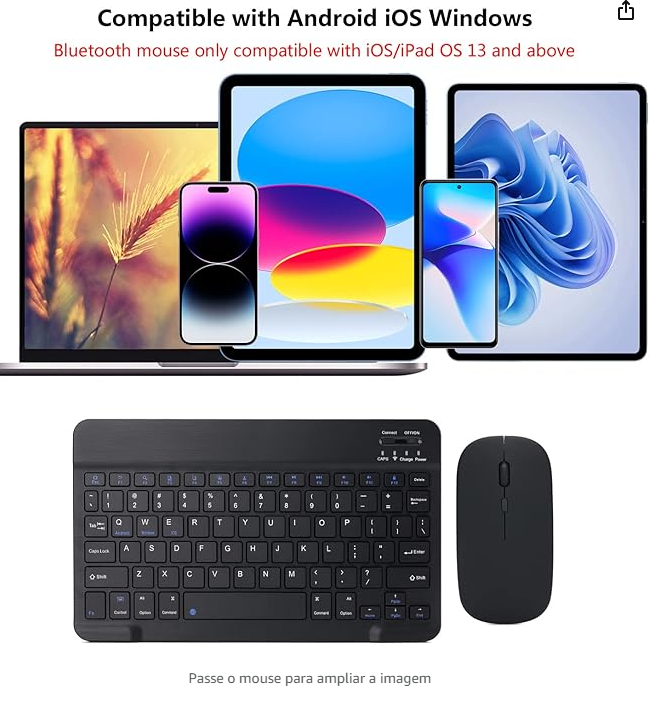 Conjunto de teclado e mouse Bluetooth recarregável ultrafino, portátil, compacto, sem fio, para Android, Windows, tablet, celular, iPhone, iPad Pro, A