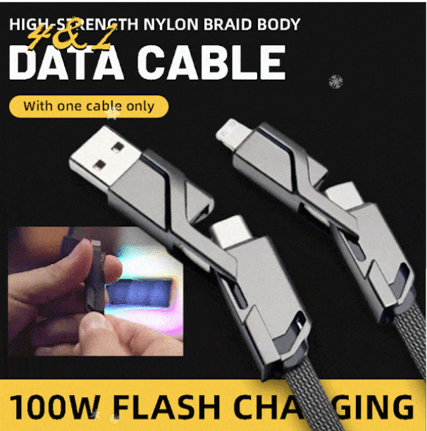 4-in-1 Flat Braided Anti-Tangle Charger Cord with Velcro