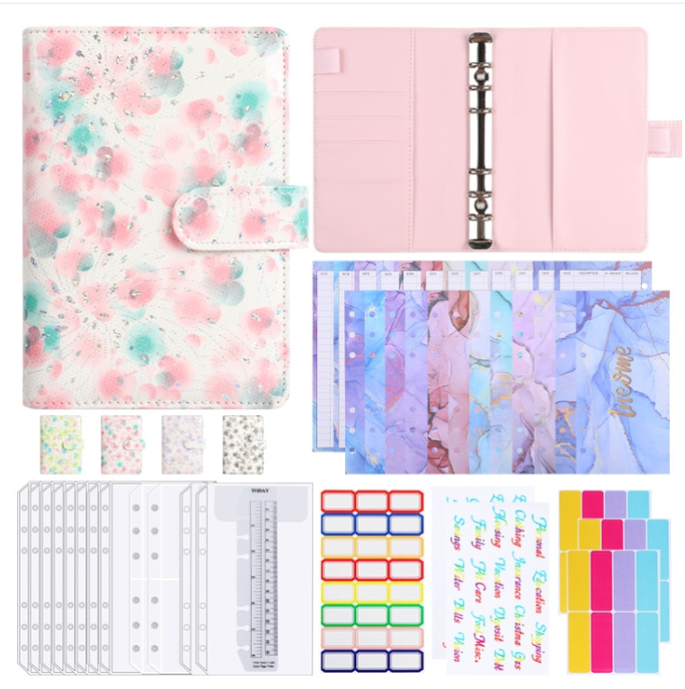 A6 PU leather 6 holes cash budget book small broken flower pattern loose-leaf binder handbook notebook