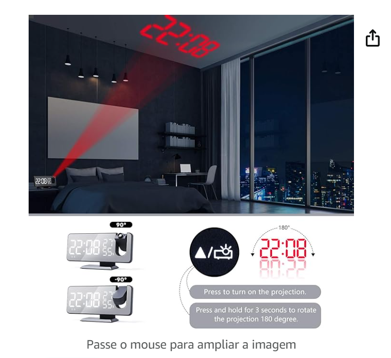 XFTOPSE Rádio relógio, despertador digital com projeção de LED para quarto, relógio espelhado digital com carregador USB, despertador com função dupla