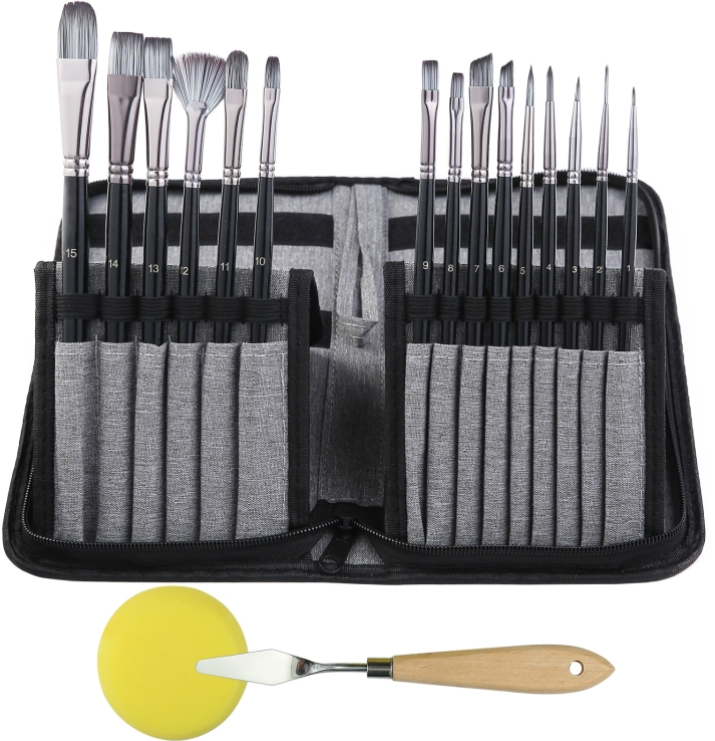 17-in-1 Acrylic Brush Multi-Purpose Nylon Bristle Watercolor Brushes Art Supplies with Canvas Bag (Black)