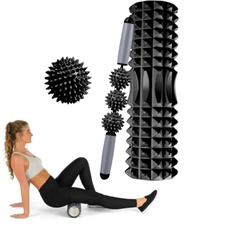 3-in-1 EVA Foam Shaft Hollow Muscle Relaxation Roller Yoga Pole Set, Length: 45 cm (black crescent)