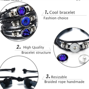 12 Zodiac Signs Black Leather Woven Glass Dome Men’s Punk Bracelet(Pisces)