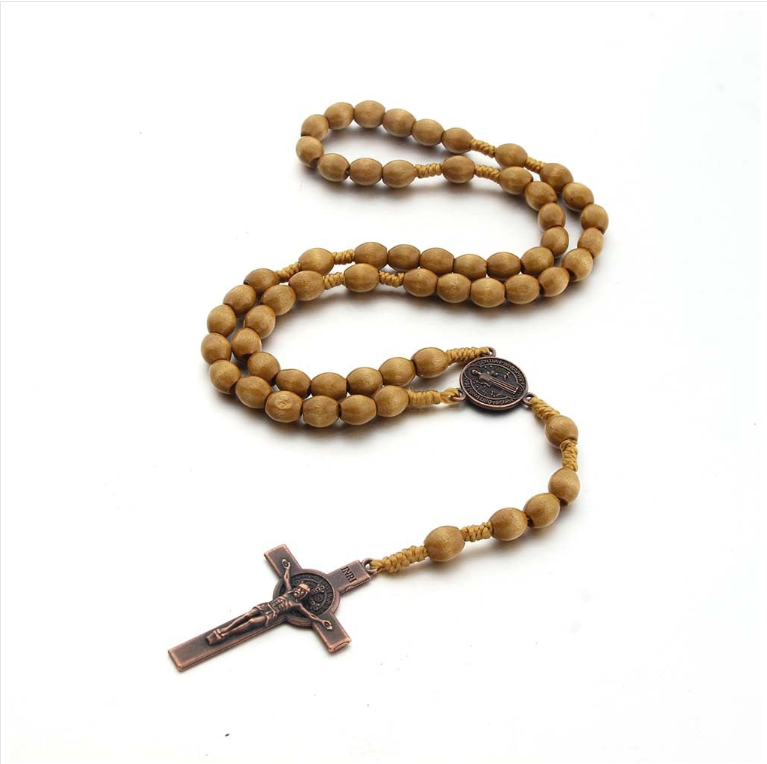 Wooden beads hand-woven vintage cross necklace (light coffee)