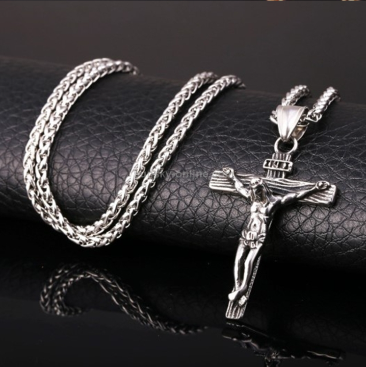 10pcs for sale Men's Vintage Stainless Steel Cross Jesus Pendant Necklace (Cross Chain - Silver)