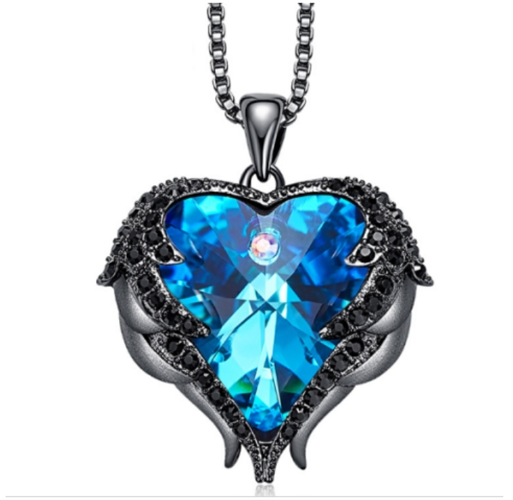 Women's Fashion Angel Wings Crystal Heart Necklace (Black Gold Blue)