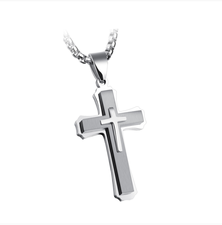1213 Three-layer cross necklace, titanium steel men's necklace, color: natural pendant + 3x55cm pearl chain