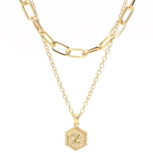 26-letter double-layered necklace, hexagonal letter pendant, layered clavicle chain, style: Z