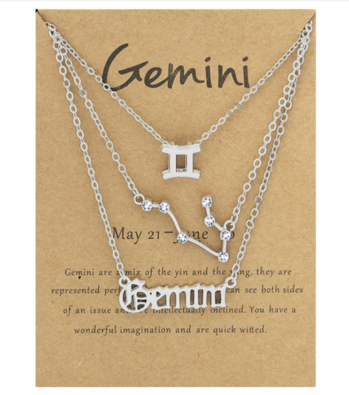 3-in-1 Twelve Zodiac Necklace Set Retro Letter Symbol Diamond Jewelry Set, Style: Gemini Silver
