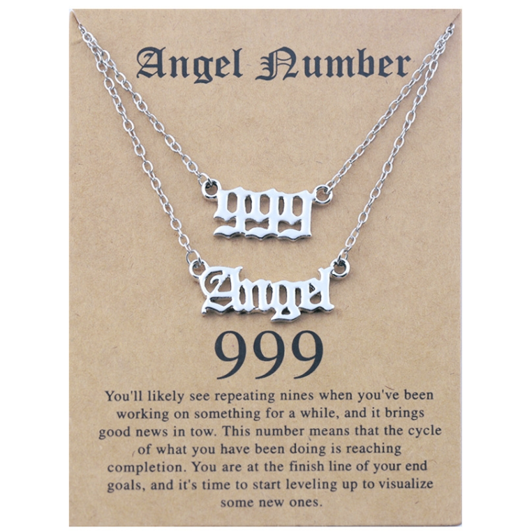 2-in-1 Angel Lucky Number Layered Necklace Set Women’s Collarbone Chain Jewelry, Style: Angel+9 Silver