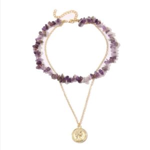 Bohemian colored crushed natural stone necklace, model: N2107-5 purple stone double layer