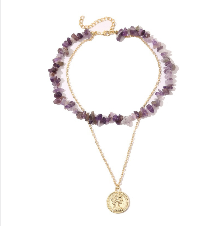 Bohemian colored crushed natural stone necklace, model: N2107-5 purple stone double layer
