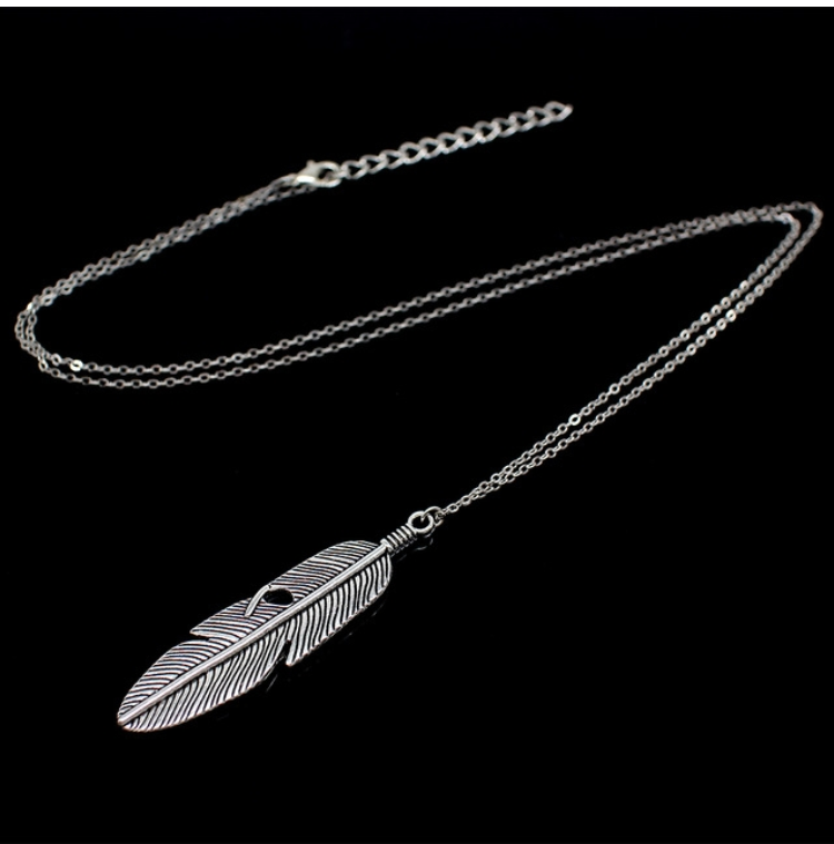 Simple classic pendant necklace feather necklace long sweater chain women's necklace (silver)