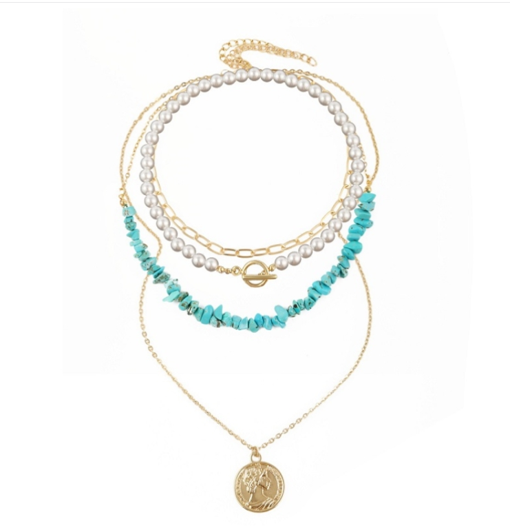 Bohemian colored crushed natural stone necklace, model: N2105-20 blue-green stone