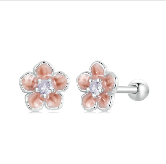 S925 sterling silver platinum-plated romantic gradient cherry blossom earrings (BSE992)