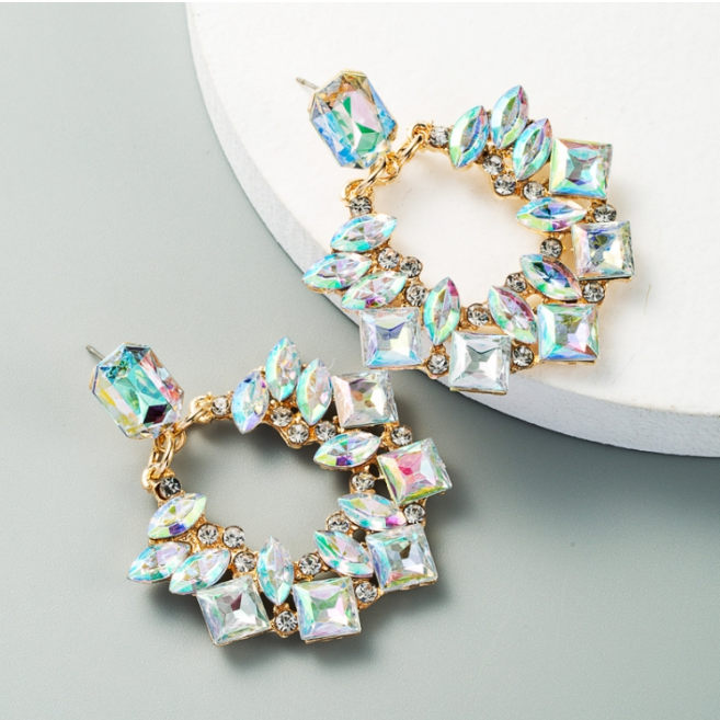 1 pair for sale, exaggerated geometric alloy inlaid with rhinestone earrings, super sparkly diamond-filled earrings for women (AB color)