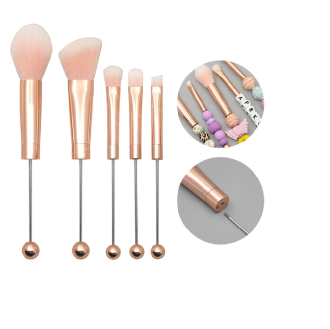 5-in-1 DIY beaded makeup brush set with metal handle, blush brush, loose powder brush, slanted eye shadow and eyebrow brush, color: rose gold handle