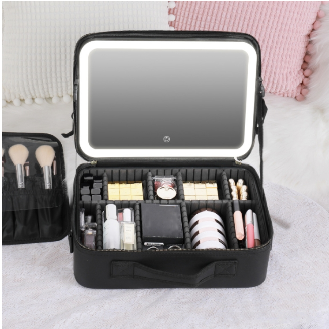 Nasilana TM1060 Large Capacity Cosmetic Bag with Lights, Color: Large Black