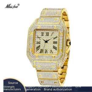 missfox European and American golden Roman high-end hip-hop star-studded diamond square men’s watch fashion quartz watch
