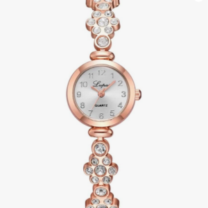 Women’s Gold Quartz Watch Strap With Stones And Flower