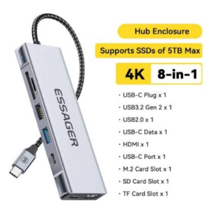 ESSAGER 8-in-1 USB Hub with SSD Storage, USB Type-C to HDMI, 4K HD Display, 10Gpbs Transmission Speed, 1 USB3.2 1 USB2.0 1 SD Card Slot 1 TF Card Slot