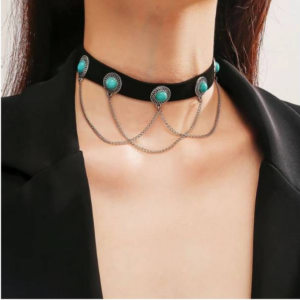 Punk style retro velvet collarbone chain metal rock necklace1